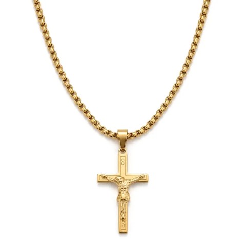 Collana uomo crocifisso in acciaio dorato – Doni Preziosi