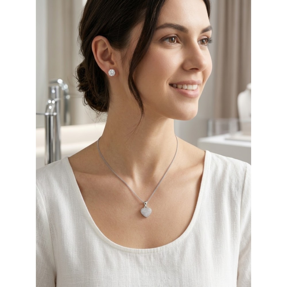 Set Gioielli Cuore Pavé e Orecchini Punto Luce Argentati - Regalo Donna