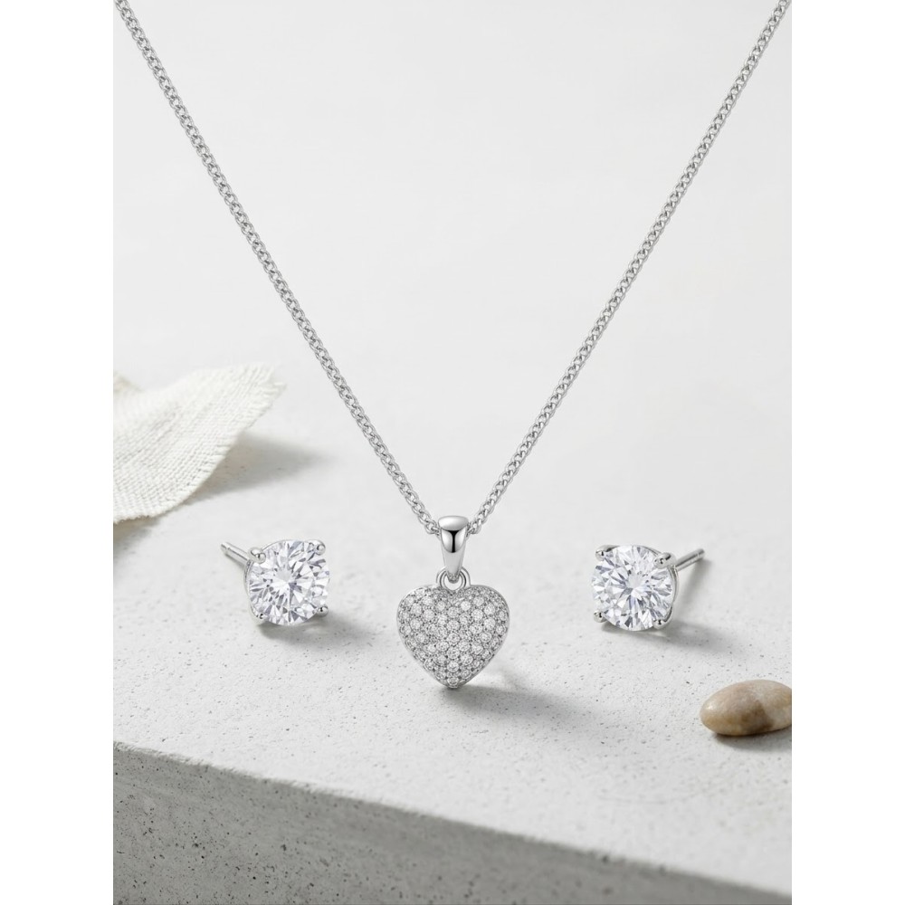 Set Gioielli Cuore Pavé e Orecchini Punto Luce Argentati - Regalo Donna