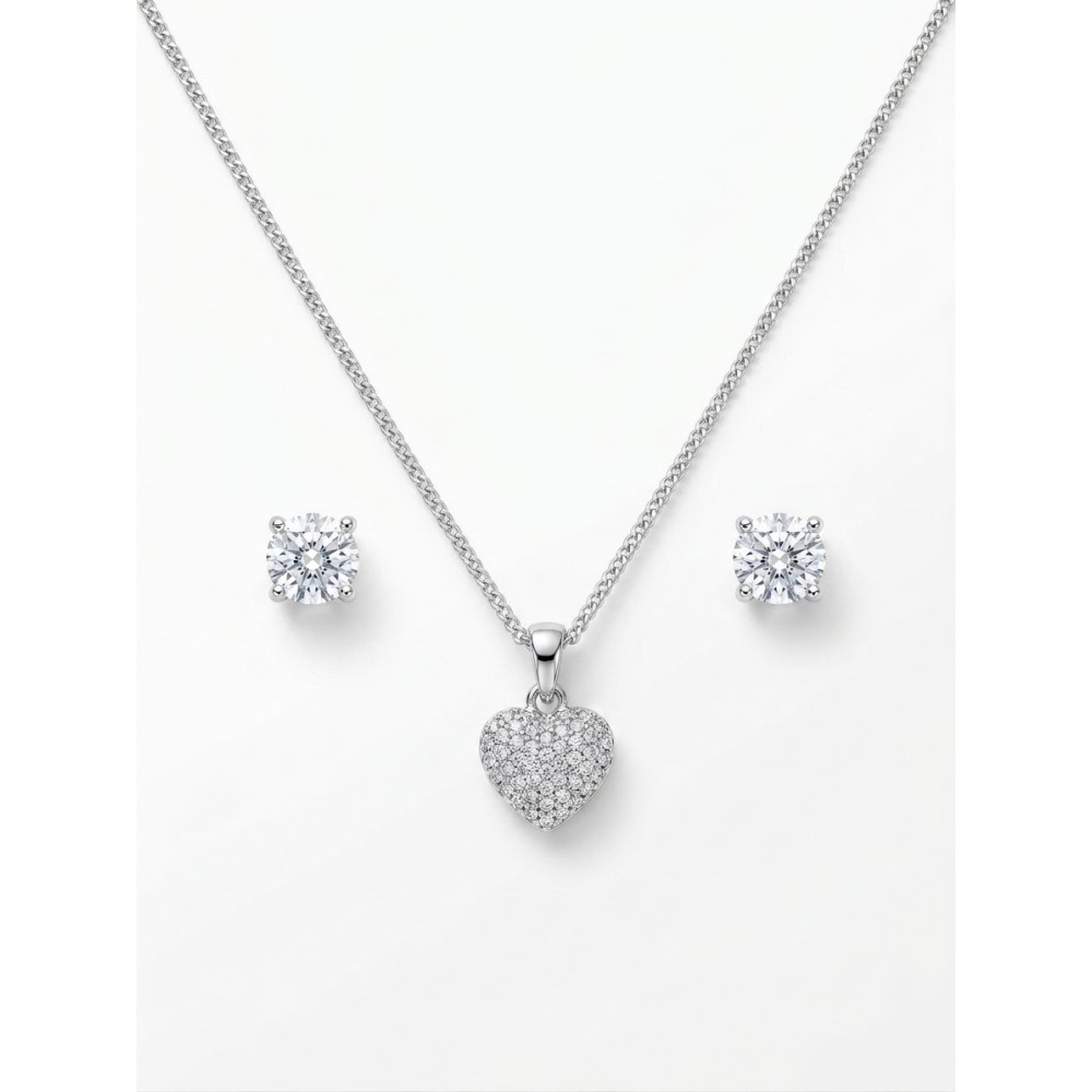 Set Gioielli Cuore Pavé e Orecchini Punto Luce Argentati - Regalo Donna