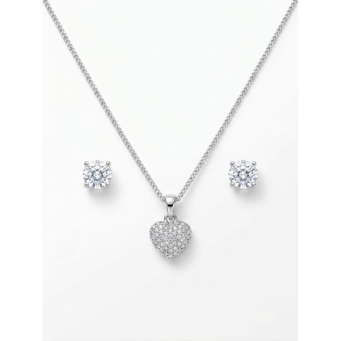 Set Gioielli Cuore Pavé e Orecchini Punto Luce Argentati - Regalo Donna