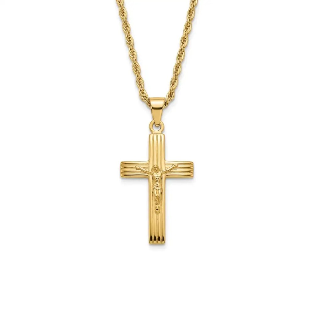Collana funetta uomo con crocifisso rigato in Argento 925 placcato oro giallo – Doni Preziosi