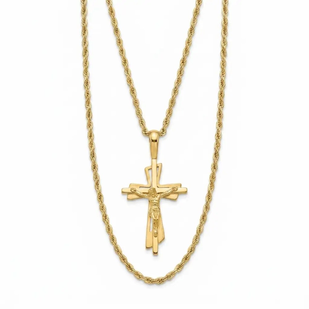 Collana funetta uomo con crocifisso geometrico in Argento 925 placcato oro giallo – Doni Preziosi