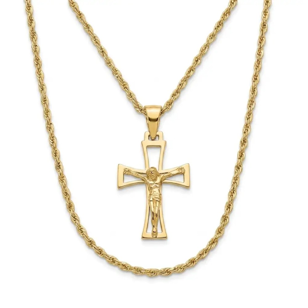 Collana funetta uomo con crocifisso traforato in Argento 925 placcato oro giallo – Doni Preziosi