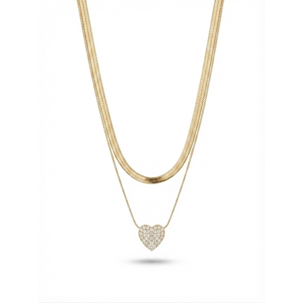 Collana Doppia Snake & Cuore Pavé