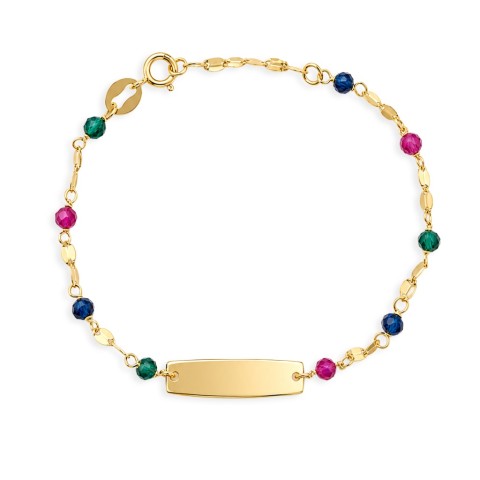 Bracciale baby con corallini colorati in oro 9 carati e targhetta con incisione nome omaggio – Doni Preziosi