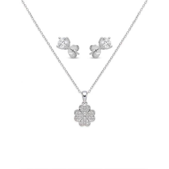 Set collana con quadrifoglio e orecchini punto luce con cristalli brillanti – Doni Preziosi