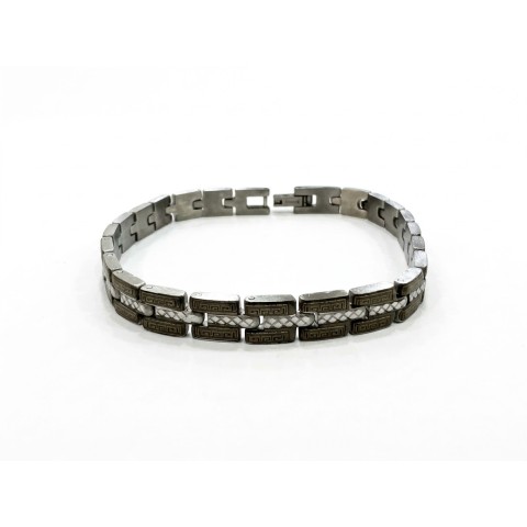 Bracciale uomo Mosaic in acciaio con tessere rettangolari e motivi geometrici incisi – Doni Preziosi