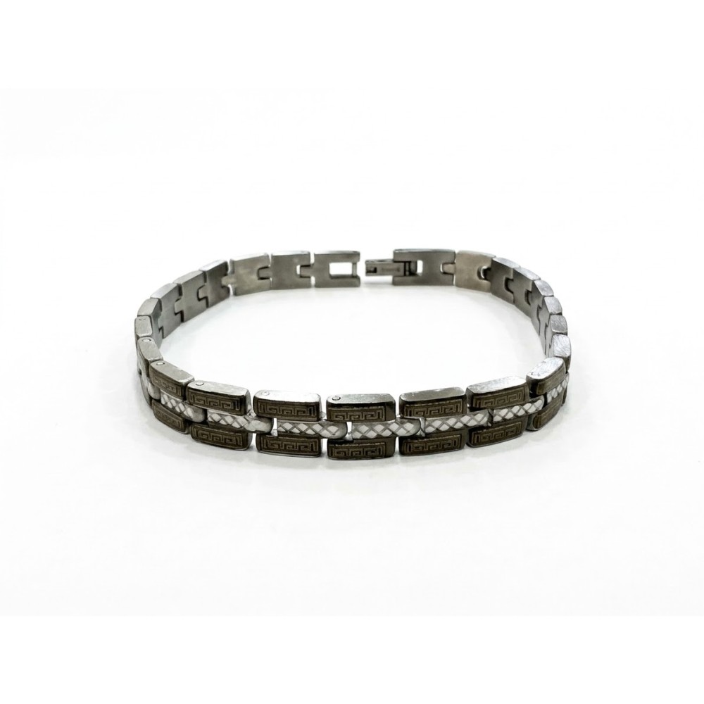 Bracciale uomo Mosaic in acciaio con tessere rettangolari e motivi geometrici incisi – Doni Preziosi